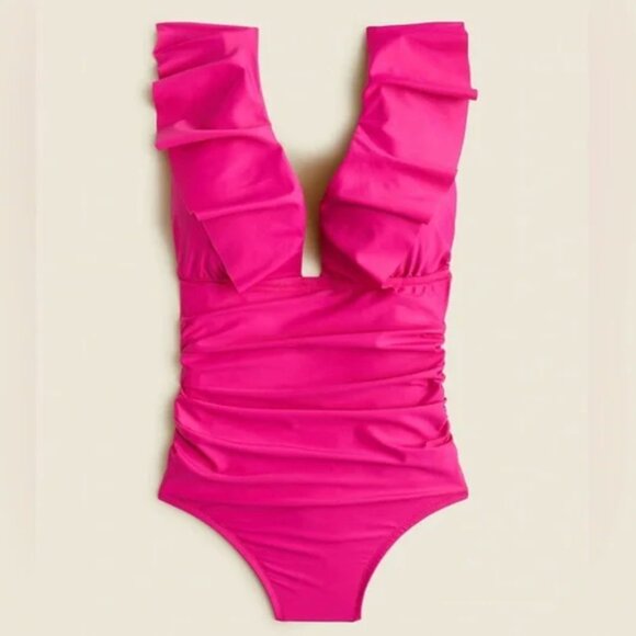 J. Crew Ruched Ruffle One Piece Swimsuit Women's 20 Radiant Fushcia V Neck Beach - Picture 1 of 9